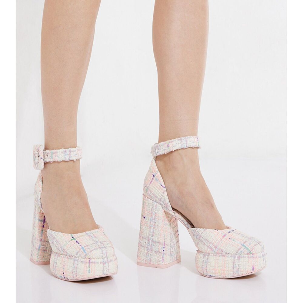 CHARLES & KEITH White Multi Tweed Buckle D'Orsay Chunky Platform Block Heels